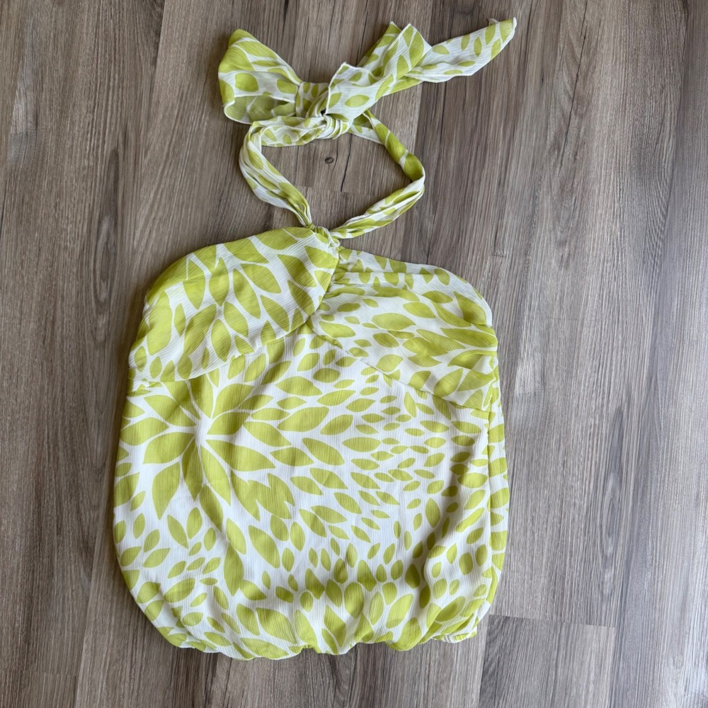 Y2K Charlotte Russe Lime Green‎ White Leaf Print Halter Bubble Top Small T21862